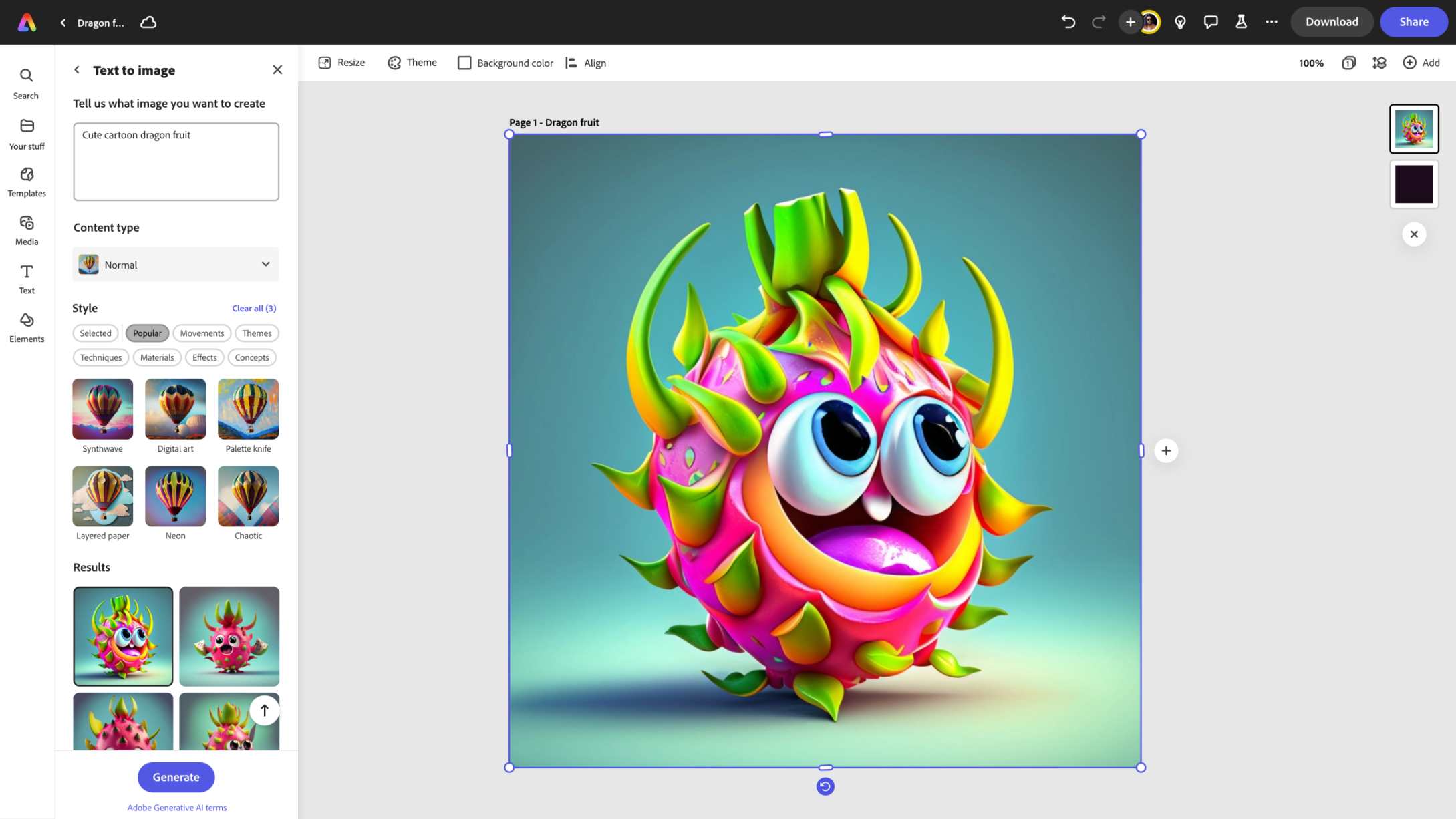 Adobe Express ‑verkkosovellus Chromebook-laitteen näytöllä. Verkkosovelluksessa näkyy teksti 'Teksti kuvaksi' ja seuraava kehote tekstikentässä: "Cute cartoon dragon fruit" sekä sen vieressä luotu kuva.